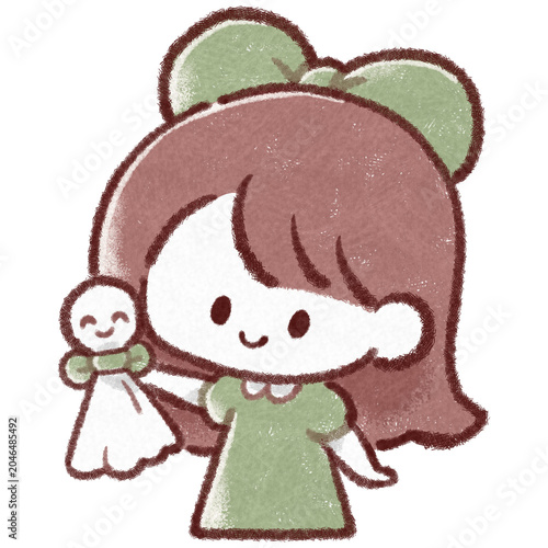 日本の雨の人形（テルテル坊主）を持った女の子のイラスト