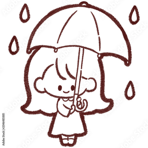 雨の日に傘を持つ小さな女の子の白黒アウトラインイラスト