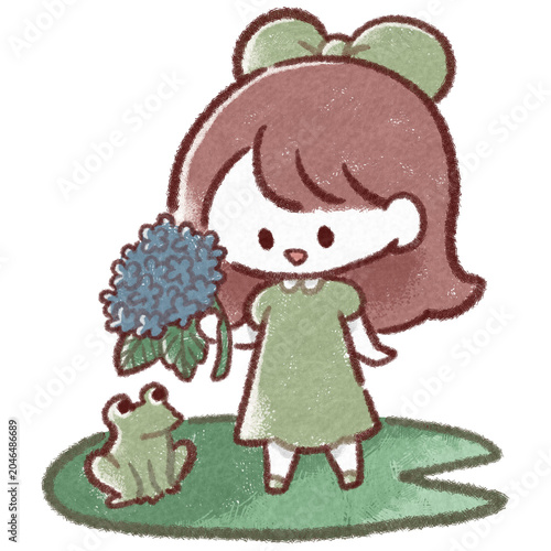 小さなカエルと一緒にハスの葉の上に立つ、紫陽花の花を持った可愛い小さな女の子