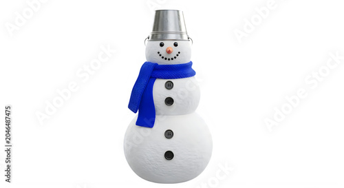 Smiling snowman with blue scarf and hat standing in winter isolated on transparent background