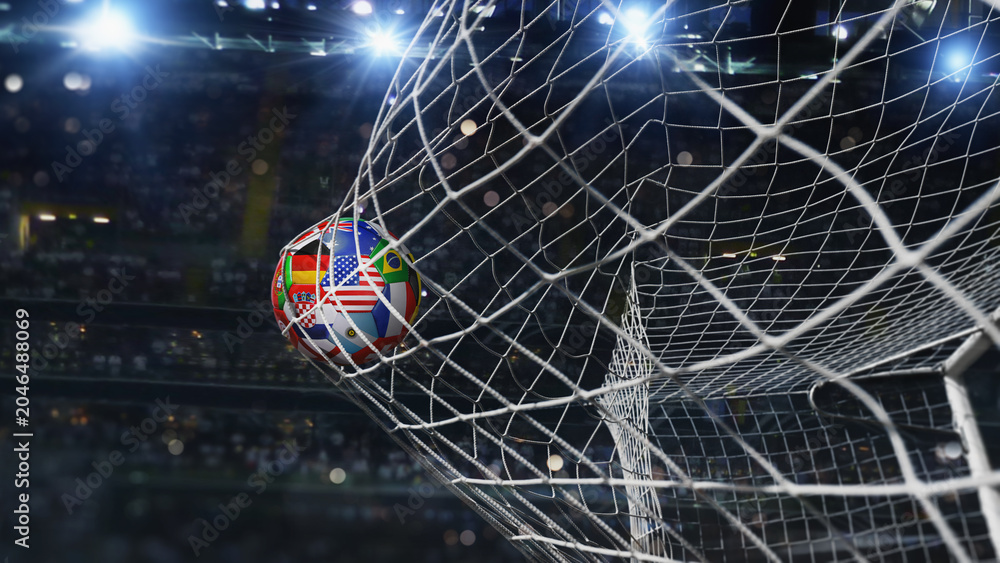 Naklejka premium A soccer ball covered with multiple national flags symbolizing an international football tournament in soccer goal net in soccer stadium.
