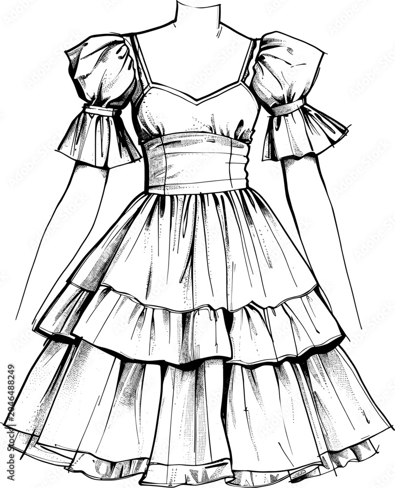 Fototapeta premium Modern Romantic Puff Sleeve Babydoll Dress Flat Sketch Vector