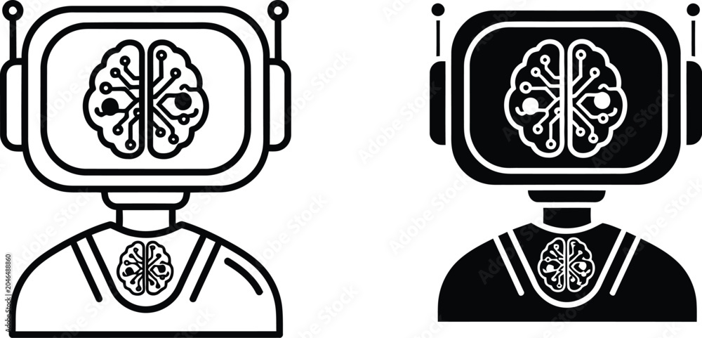Obraz premium Artificial intelligence robot icon set line art and solid fill versions