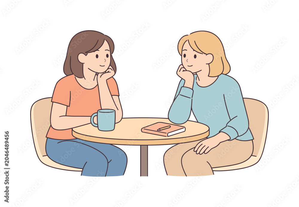 Fototapeta premium Two friends talking about life plans at small table, seated side by side with thoughtful body language and quiet focus,
