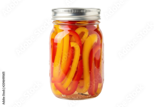 Jar of pickled red and yellow bell peppers, isolated on transparent background