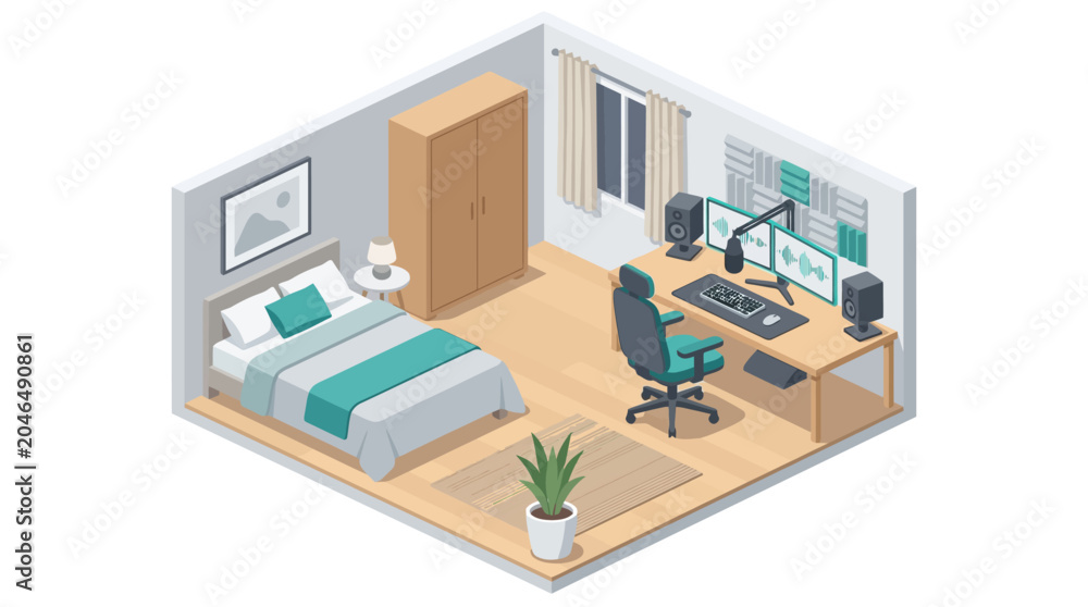 Fototapeta premium Isometric Home Studio and Bedroom Interior Design Illustration