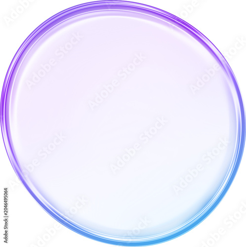 Glossy iridescent glass circle blob with purple blue gradient isolated on transparent background