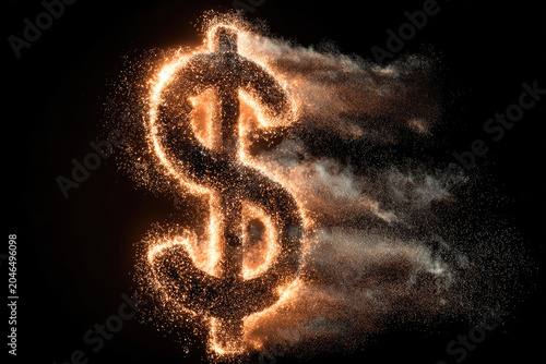 Burning dollar sign on black background.