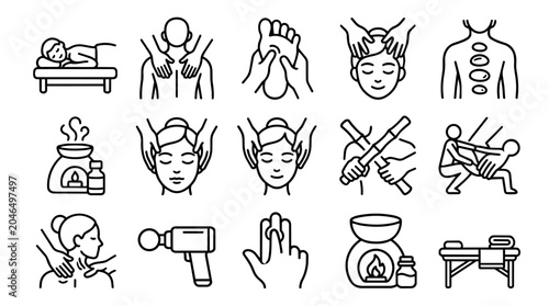 Massage and spa treatment services line icons set