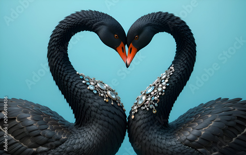 portrait of beautiful black swans in diamond presious necklace posing against blue background.  Digital art. Ai generated