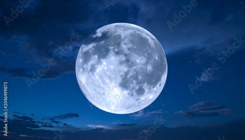 A large, bright moon in a dark blue night sky with scattered clouds