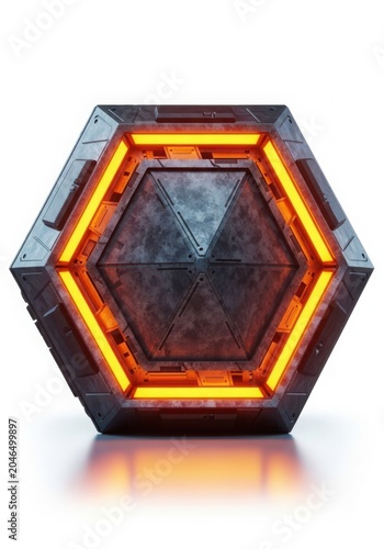 hexagonal neon sculpture with illuminated yellow-orange lights and dark center