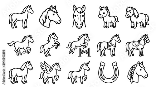 Set of cartoon horse and pony line art icons