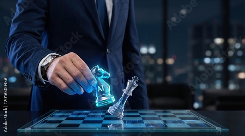 Executive leader using AI business strategy, moving chess knight with artificial intelligence to win, futuristic professional style