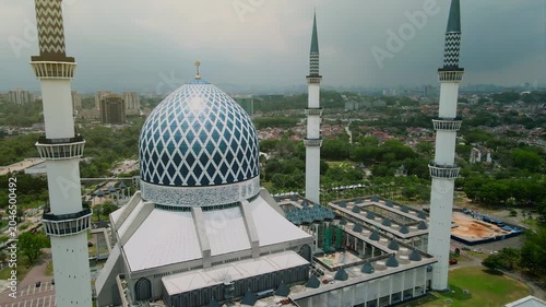 Aerial view of Sultan Salahuddin Abdul Aziz Shah Mosque, also known as the Blue Mosque, in Shah Alam, Selangor, Malaysia.