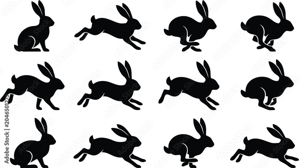 Fototapeta premium Black rabbit silhouettes in jumping and running poses