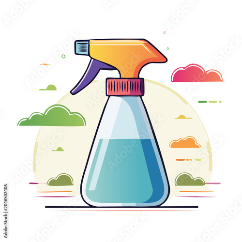Flat design illustration of a spray bottle with blue liquid