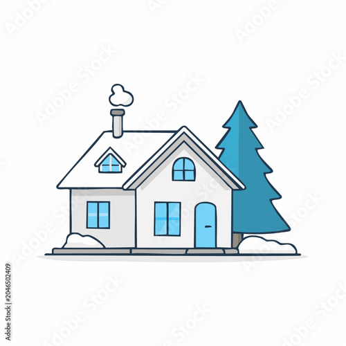 Flat design illustration of a snowy house with a Christmas tree