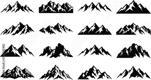 Set of black mountain range icons and silhouettes