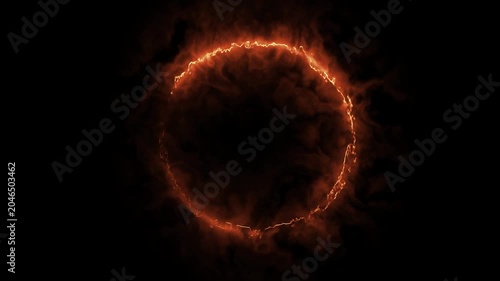 electric red fire circle light path effect glowing round loop on black background burning laser line ring motion graphic frame overlay abstract neon stroke elements animation background. 4k