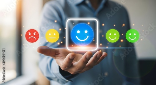 A person's hand presenting a digital display of customer satisfaction emojis ranging from angry to very happy, with the blue happy face highlighted.