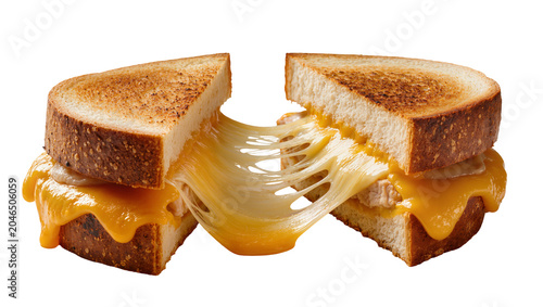 Slika na platnu Golden brown toasted bread sandwich with melted cheddar cheese oozing out, isola