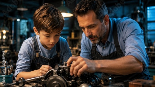 A father and son collaborate on a mechanical project in a dimly lit workshop, highlighting the bond of learning and creativity.