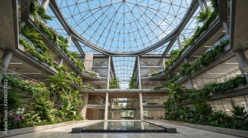 Grand Biophilic Office Atrium with Glass Roof