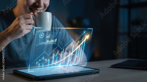Smiling man using AI for passive income and side hustle growth, checking financial profit graph on digital tablet, cinematic mood
