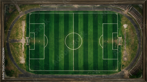 Aerial view of a green soccer field with white markings and goals