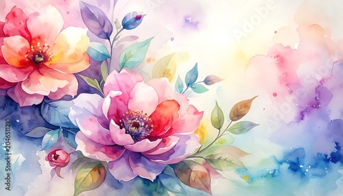 Abstract watercolor painting of blooming flowers.