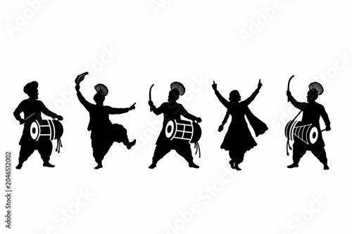 Indian culture Panjabi dance bhangra silhouette set vector illustration white  background	