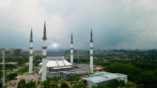 Aerial view of Sultan Salahuddin Abdul Aziz Shah Mosque, also known as the Blue Mosque, in Shah Alam, Selangor, Malaysia.