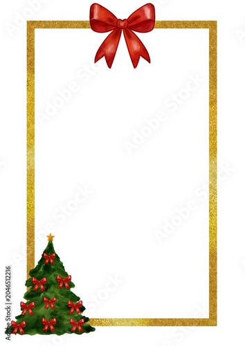 Christmas Golden Frame with Red Bow and Decorated Christmas Tree, A4 Template with Copy Space for Holiday Cards and Festive Designs