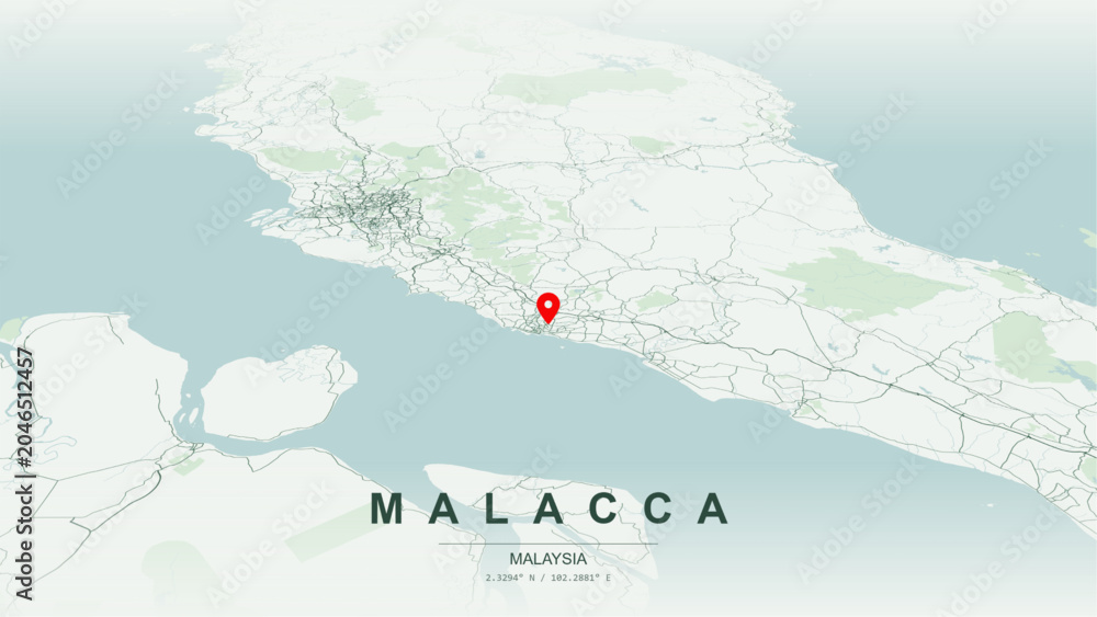 Fototapeta premium Modern minimalist vector map of Malacca City, Malaysia. High-quality scalable illustration of Melaka historic UNESCO town grid, Malacca River mouth for posters design.