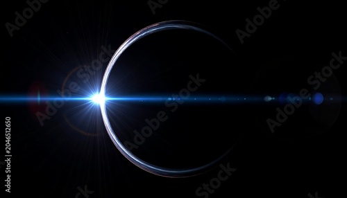 A bright light source with lens flare on a black background