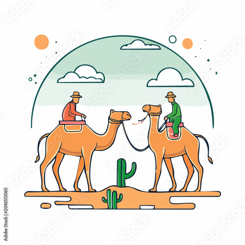 Two people riding camels in the desert with cacti and clouds