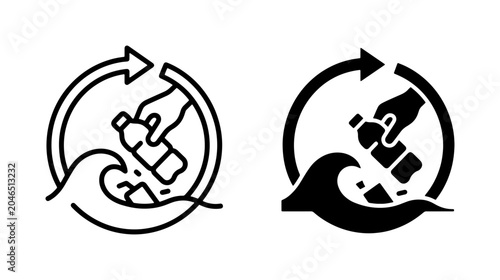 Photos Plastic Bottle Recycling Icons, Ocean Wave Cleanup Symbols, Circular Economy Vec