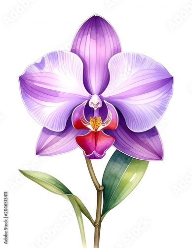 Purple orchid flower with yellow center closeup.
