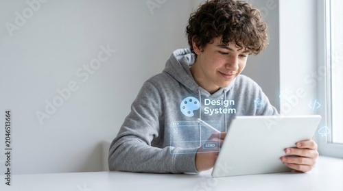 Teenage boy, using AI vibe coding for web design system on tablet, futuristic creative development process, bright workspace