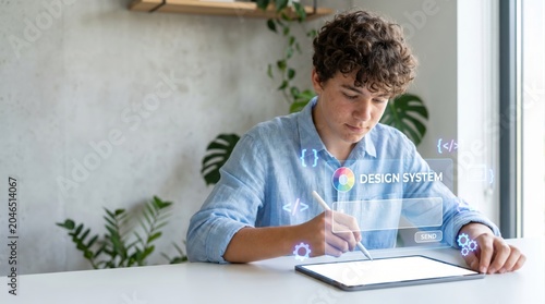 Teenager using AI vibe coding for website design system on tablet, futuristic creative workflow, modern tech vibe