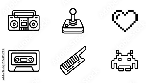 Foto Retro 8-bit Gaming Icons: Boombox, Joystick, Pixel Heart, Cassette Tape, Keytar,
