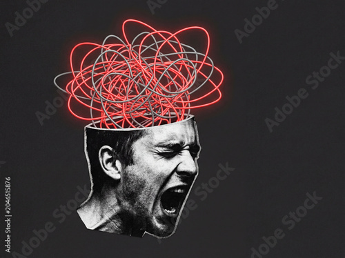 Surreal psychology editorial illustration of screaming man profile with tangled red neon wire exploding from open mind