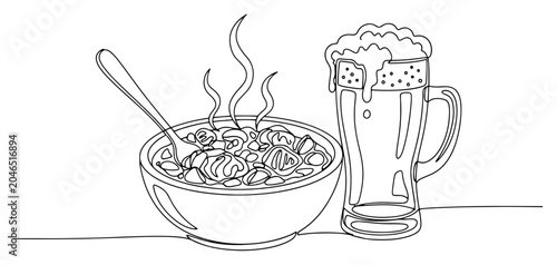 Bild auf Leinwand Bowl of beef stew and glass of draft beer in continuous line art style