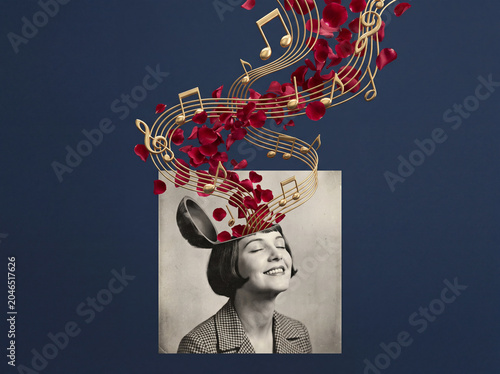 Surreal music editorial collage of happy vintage woman with golden musical notes and red rose petals flowing from her mind