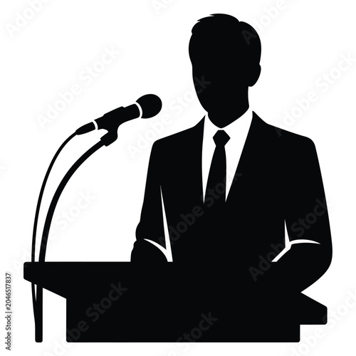 Speaker Silhouette Against White Background Formal Attire And Podium