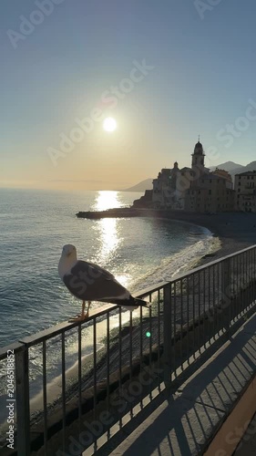 Sunrise over the sea in Camogli Italy with a seagull on the railing