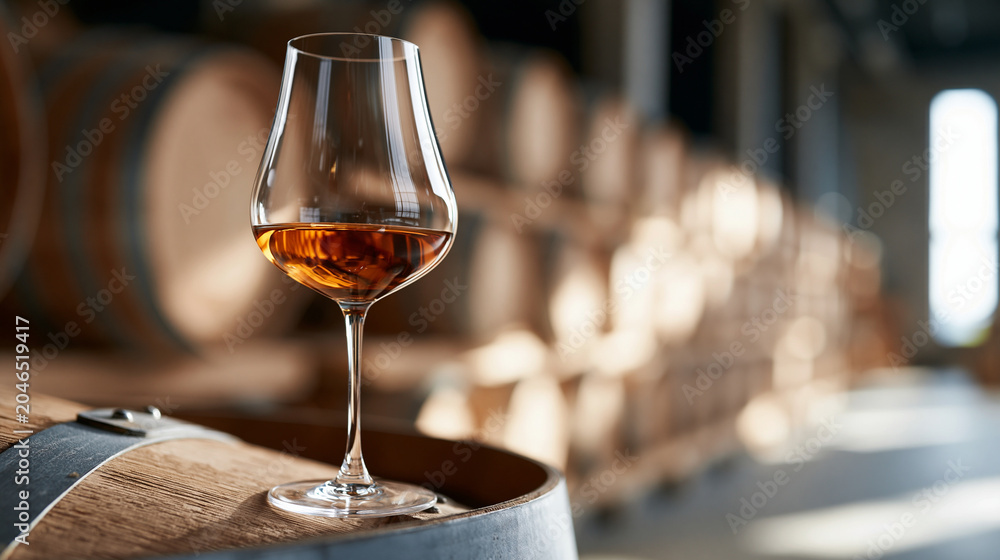Fototapeta premium Winery cellar atmospheric shot with a single wine glass on a barrel illuminated by a shaft of warm light, intimate tasting experience concept, defocused , with copy space