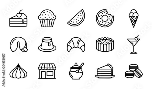 Konstfotografi Bakery and dessert line icon vector set featuring cake muffin doughnut ice cream