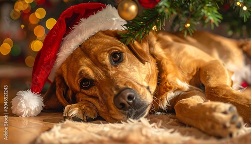 A brown dog wearing a Santa hat lies on a rug under a Christmas tree
